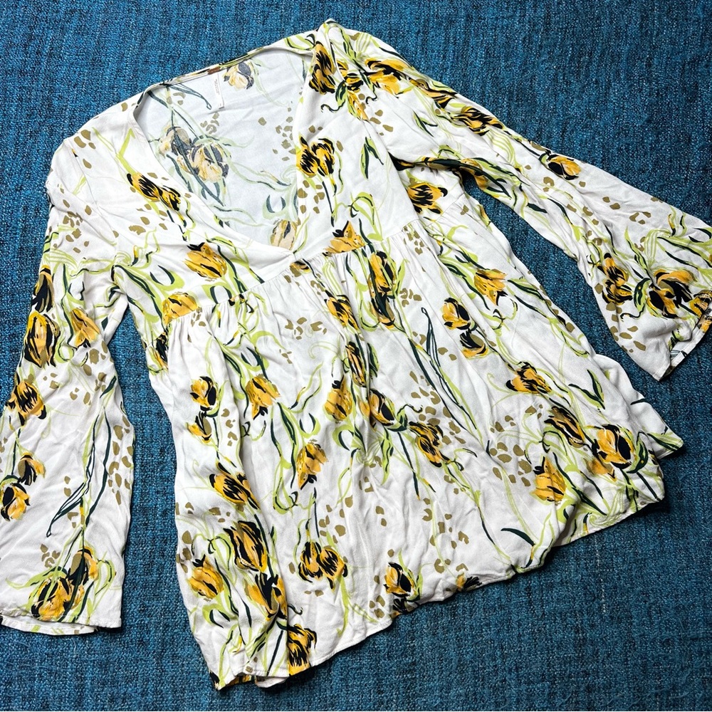 Free People Bella Floral Print Tunic Top in White Yellow Women's Small Flowy